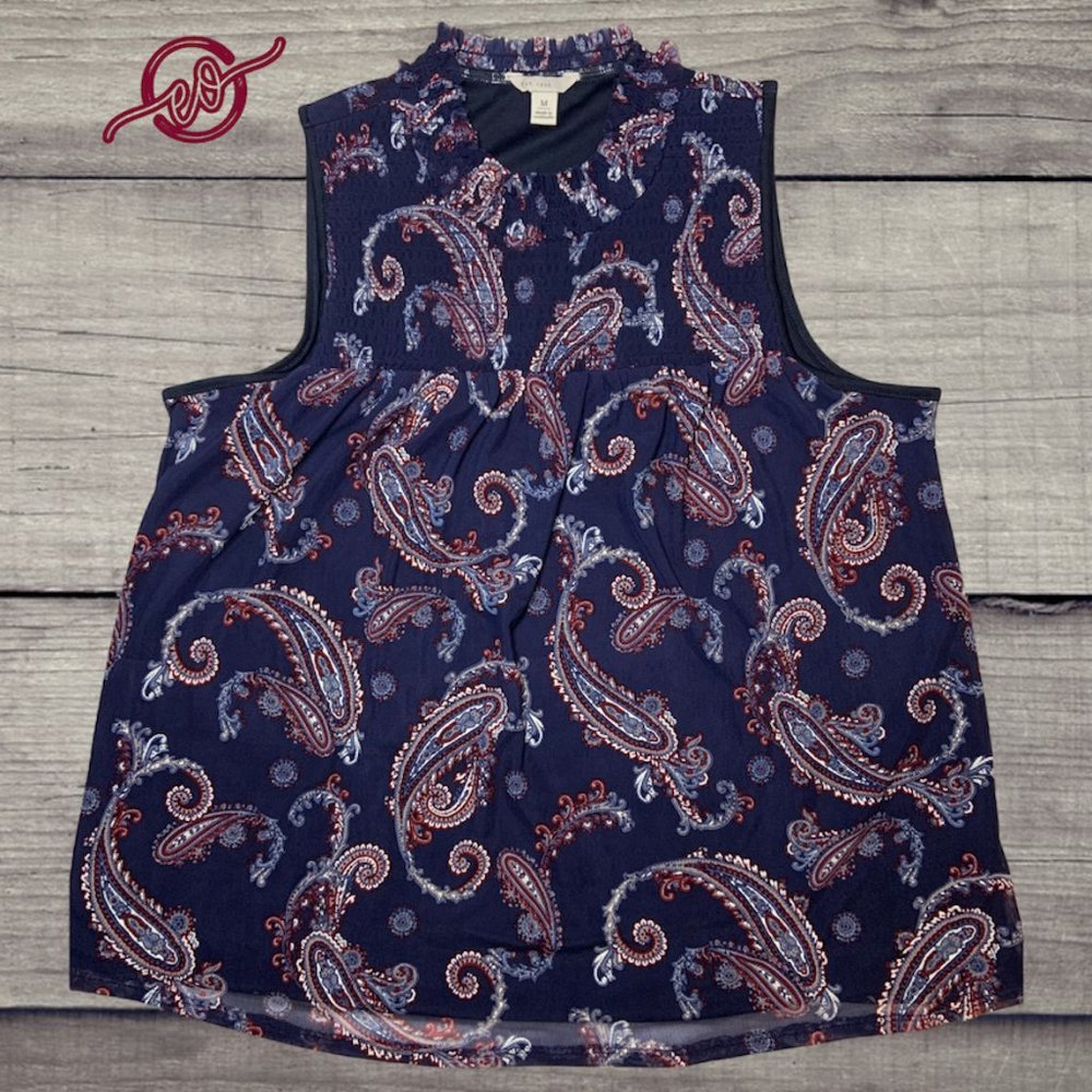 C Est 1946 Tank Top Blouse Sz Medium Women's Sleeveless Blue Lined Ruffle Collar